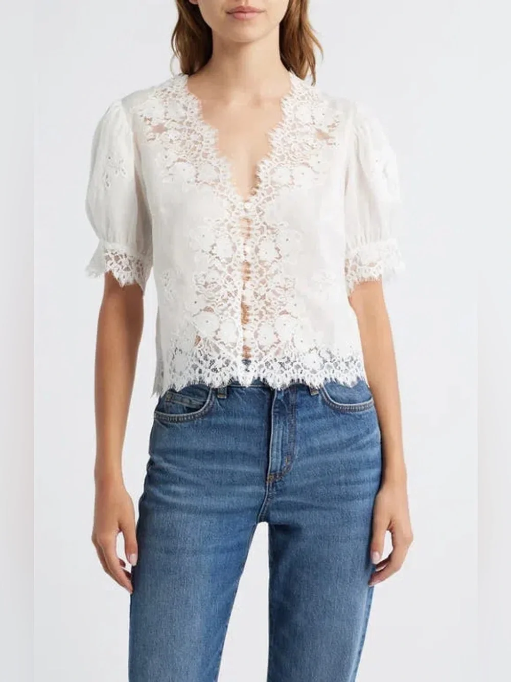 DÔEN Idella Top Salt White Lace Ramie Puff Sleeve Romantic Blouse L Cottagecore